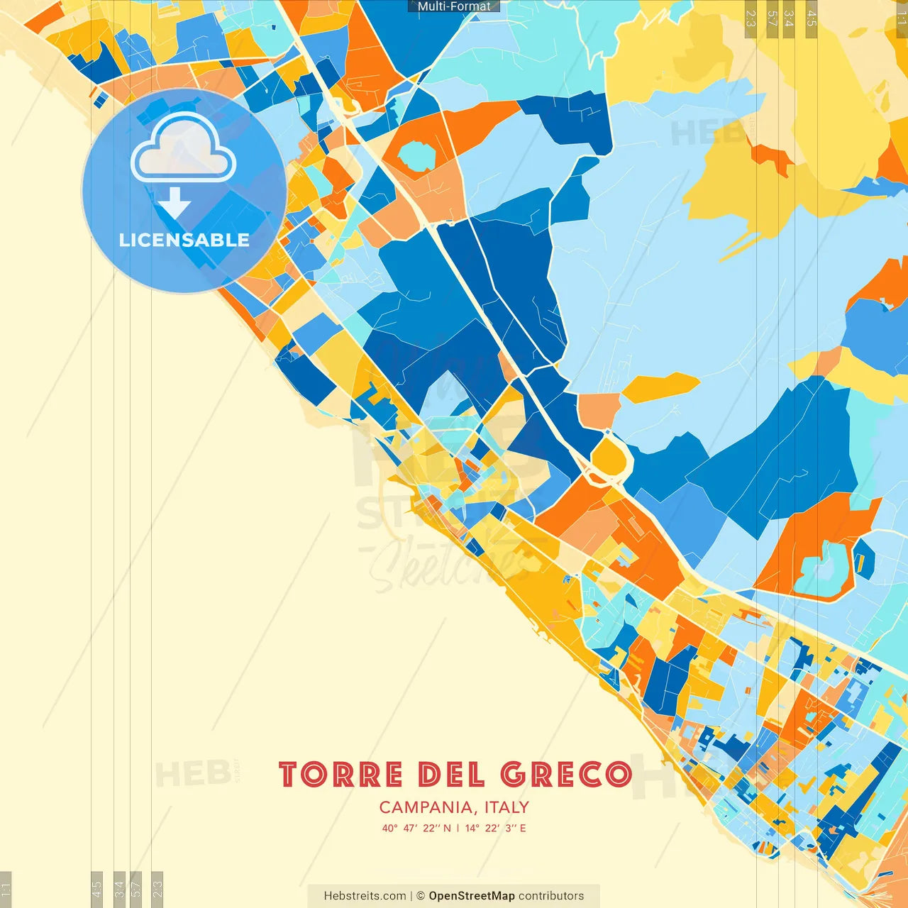 Torre del Greco, Campania, Italy blue and orange vector art map template