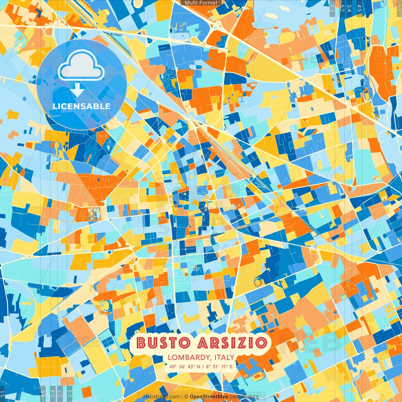 Busto Arsizio, Lombardy, Italy blue and orange vector art map template