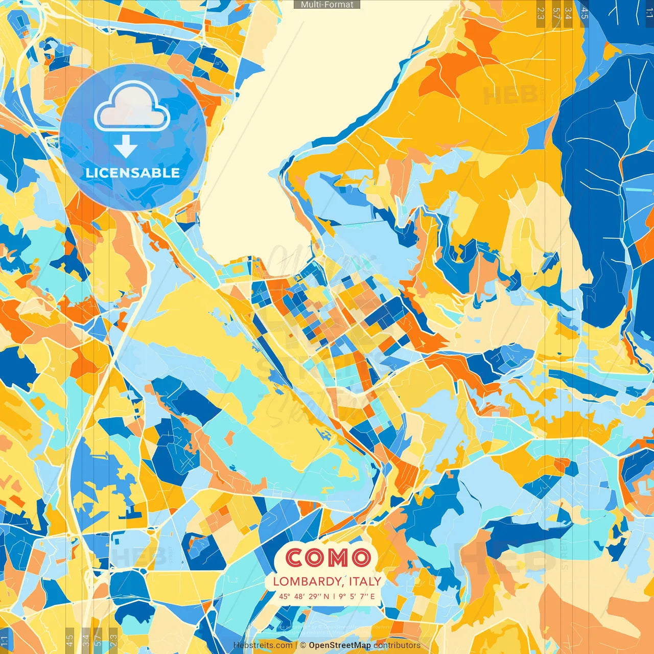 Como, Lombardy, Italy blue and orange vector art map template