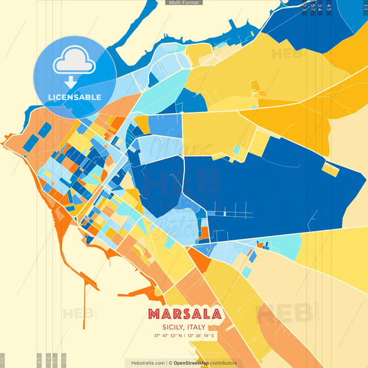 Marsala, Sicily, Italy blue and orange vector art map template