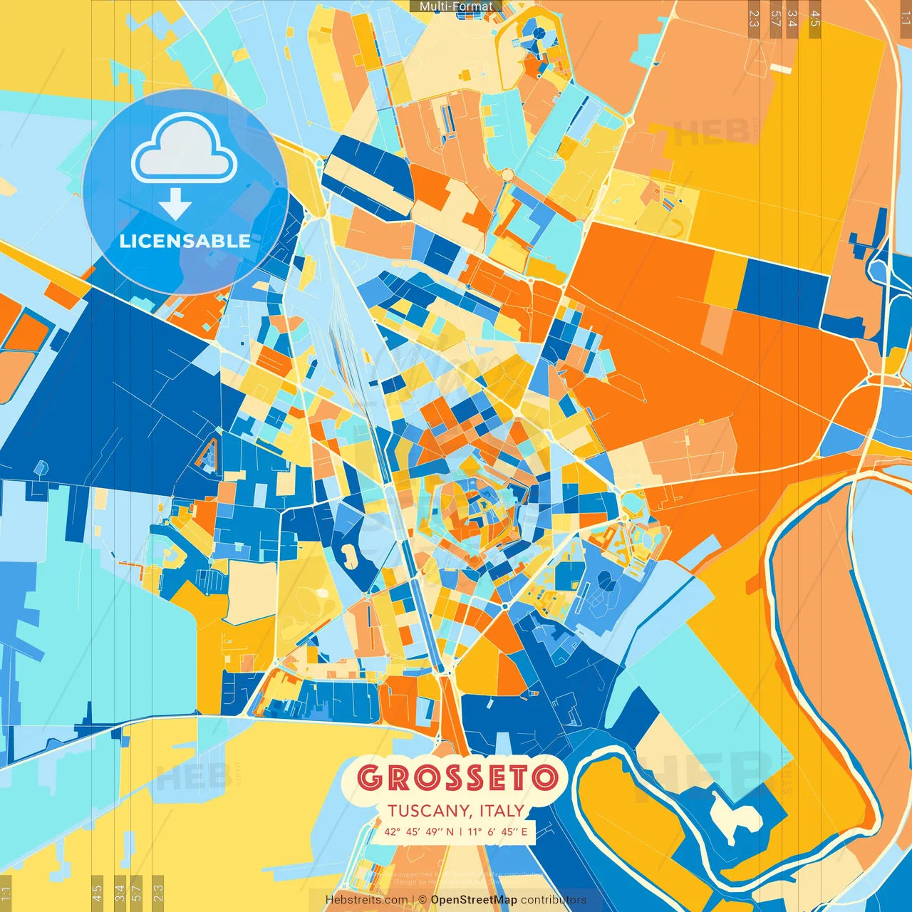 Grosseto, Tuscany, Italy blue and orange vector art map template
