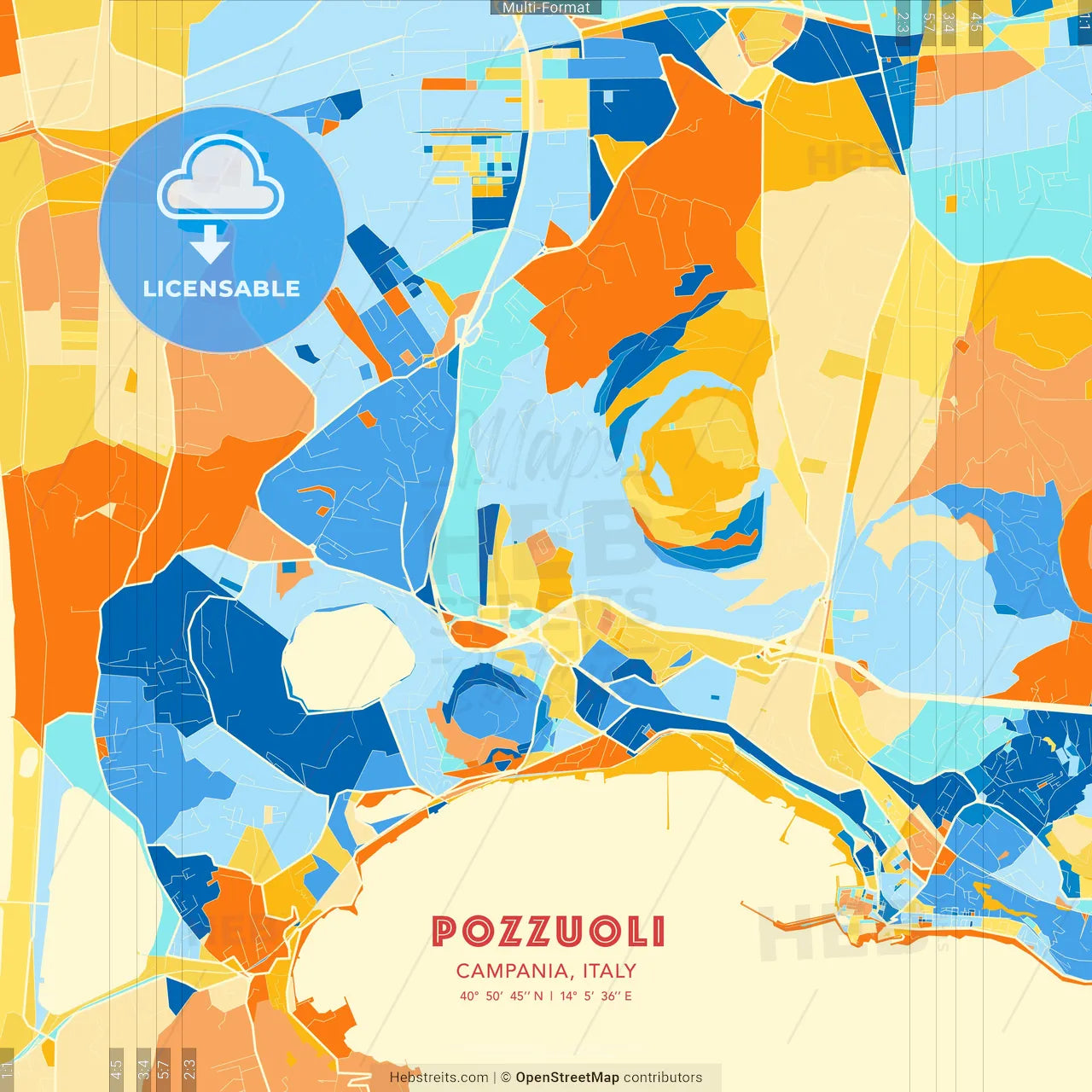 Pozzuoli, Campania, Italy blue and orange vector art map template