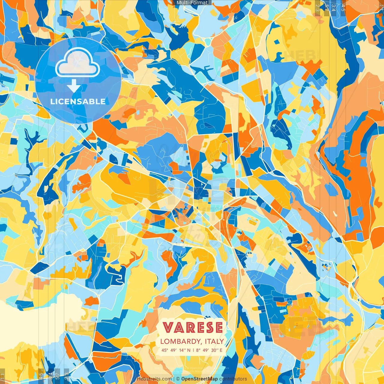 Varese, Lombardy, Italy blue and orange vector art map template