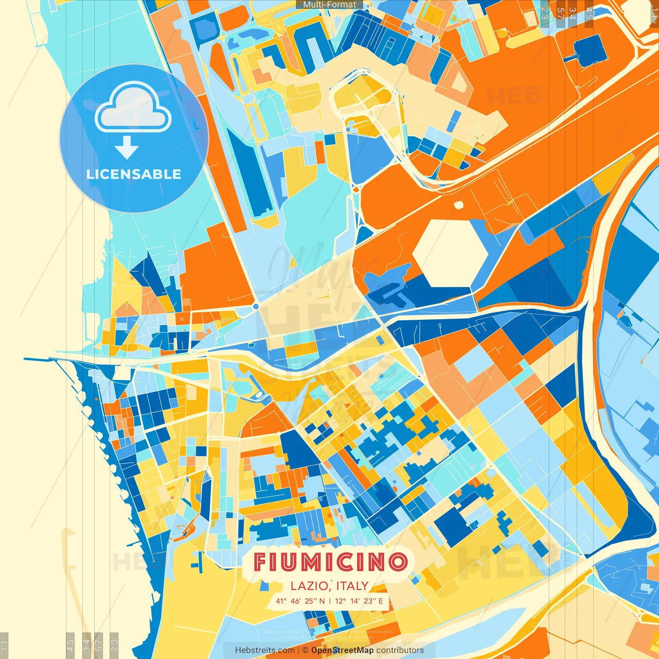 Fiumicino, Lazio, Italy blue and orange vector art map template