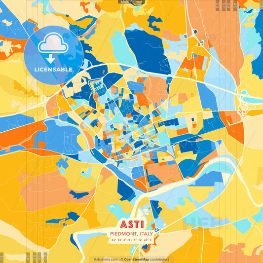Asti, Piedmont, Italy blue and orange vector art map template