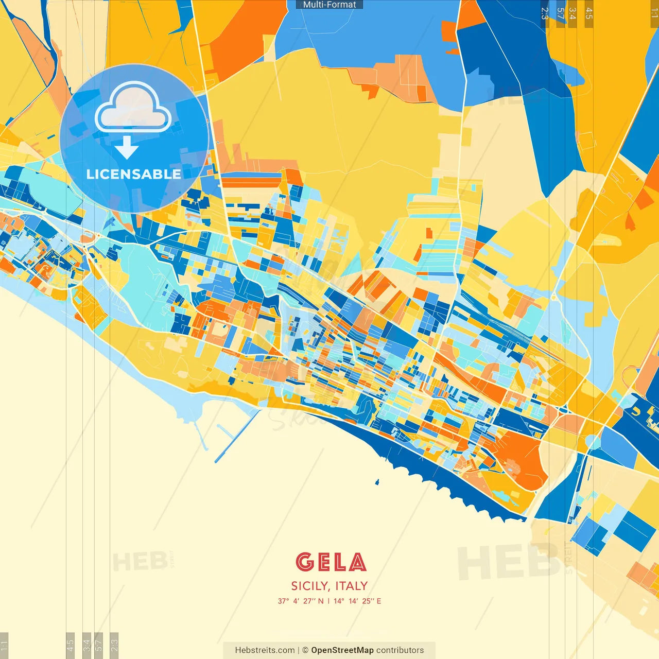 Gela, Sicily, Italy blue and orange vector art map template