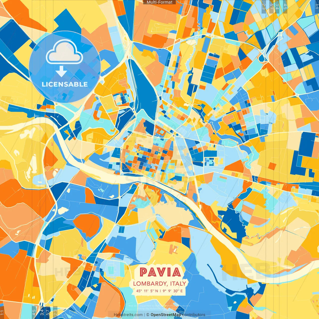 Pavia, Lombardy, Italy blue and orange vector art map template