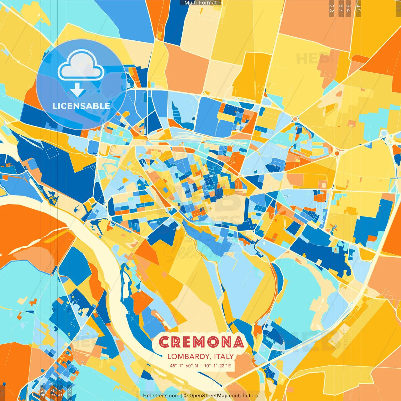 Cremona, Lombardy, Italy blue and orange vector art map template