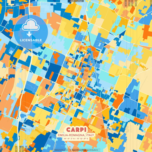 Carpi, Emilia-Romagna, Italy blue and orange vector art map template