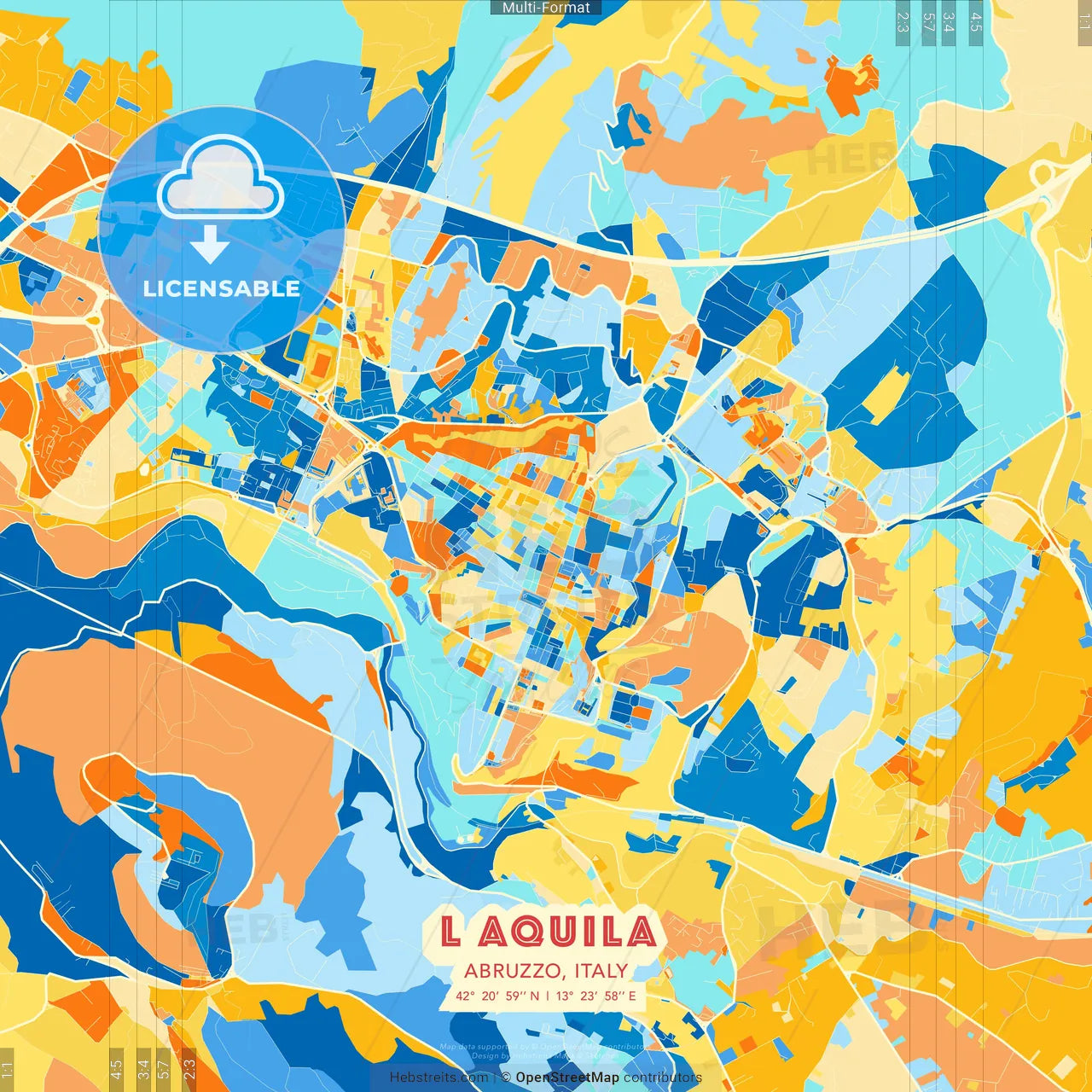 L Aquila, Abruzzo, Italy blue and orange vector art map template