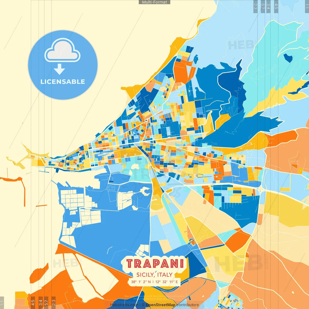 Trapani, Sicily, Italy blue and orange vector art map template