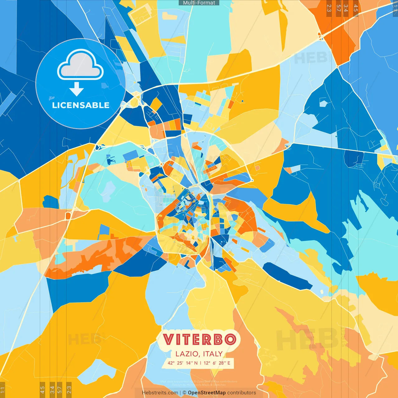 Viterbo, Lazio, Italy blue and orange vector art map template