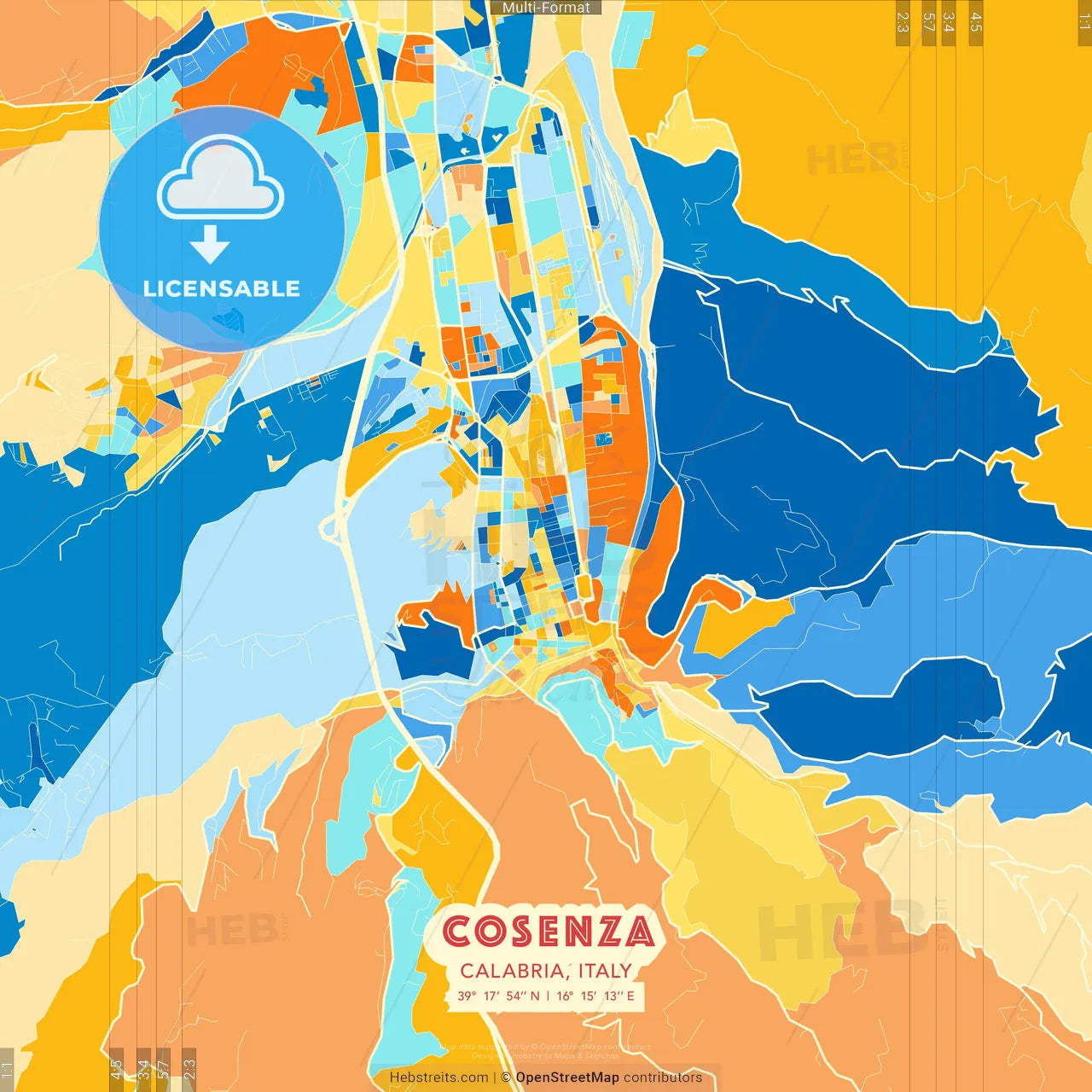 Cosenza, Calabria, Italy blue and orange vector art map template