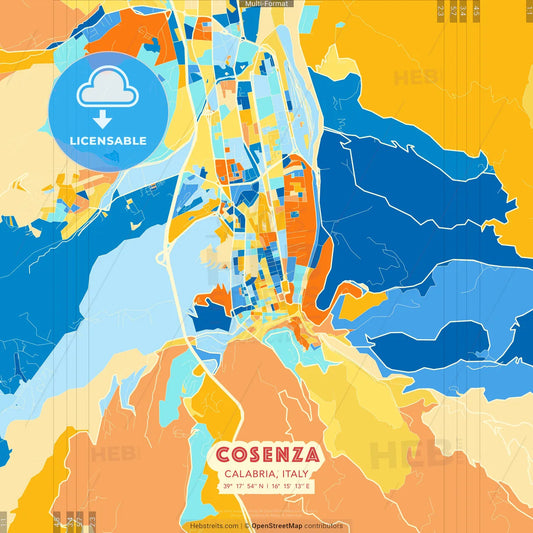 Cosenza, Calabria, Italy blue and orange vector art map template