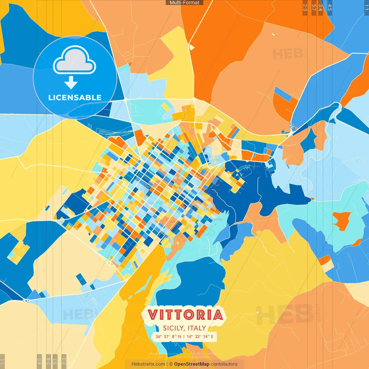Vittoria, Sicily, Italy blue and orange vector art map template