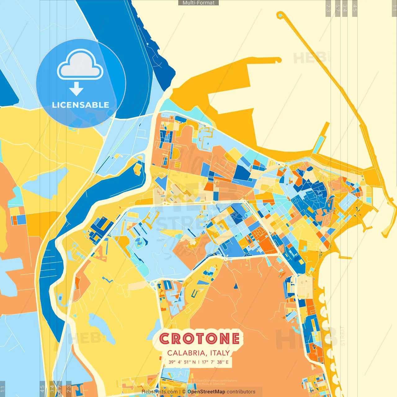 Crotone, Calabria, Italy blue and orange vector art map template