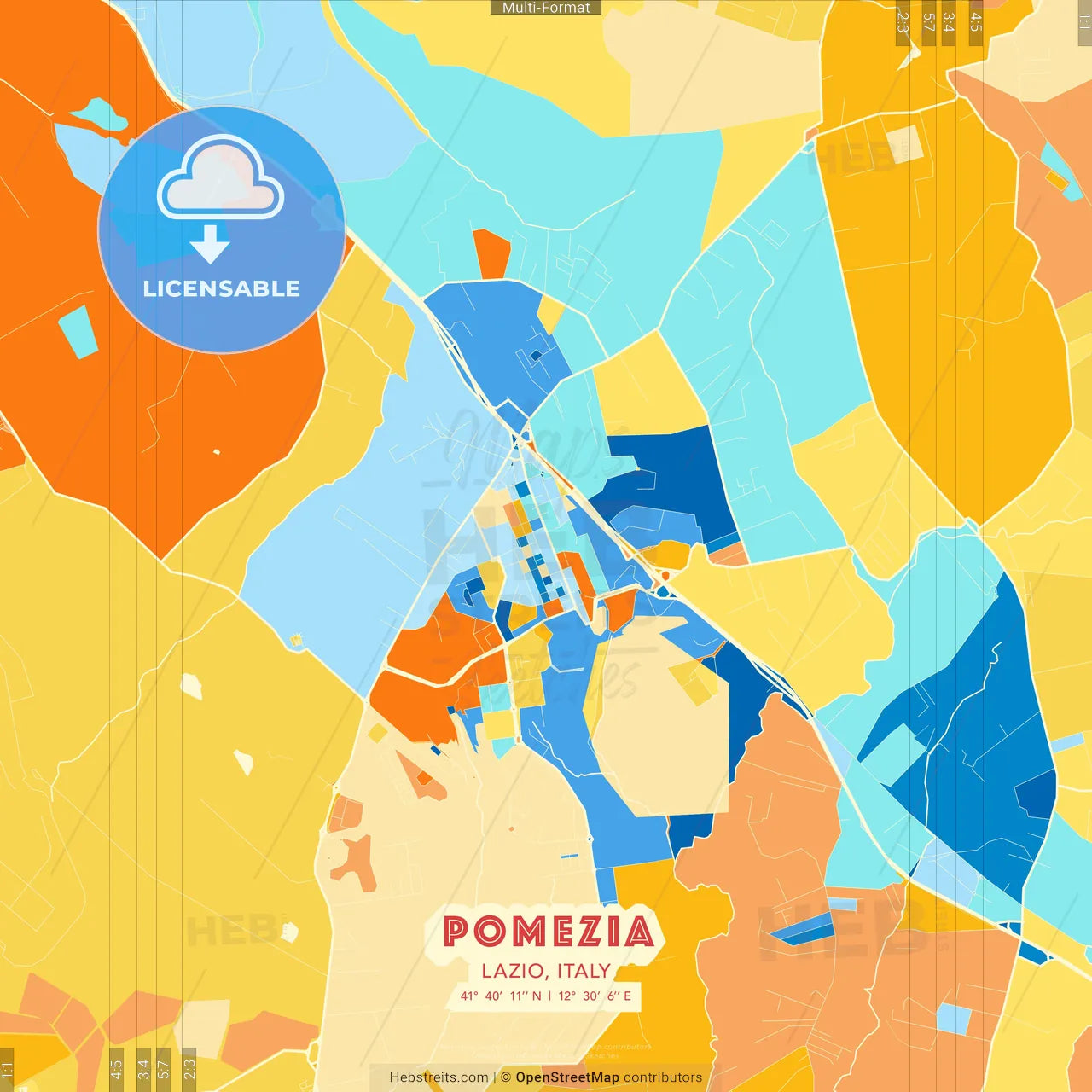Pomezia, Lazio, Italy blue and orange vector art map template