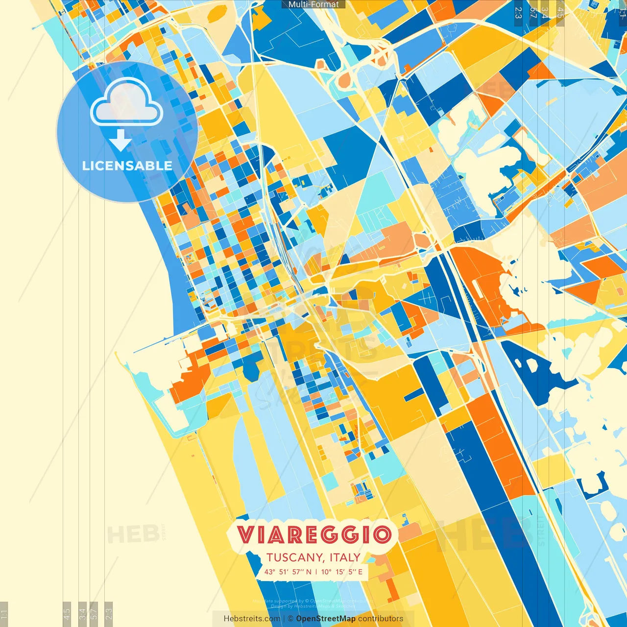 Viareggio, Tuscany, Italy blue and orange vector art map template