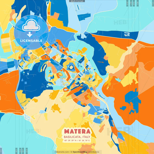 Matera, Basilicata, Italy blue and orange vector art map template