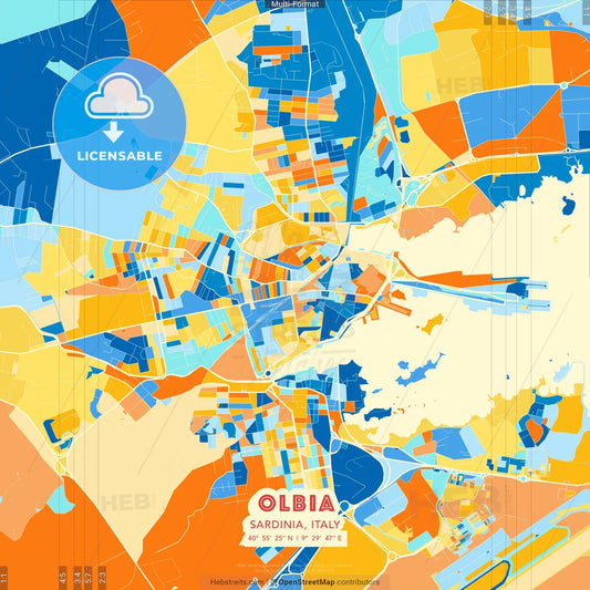 Olbia, Sardinia, Italy blue and orange vector art map template
