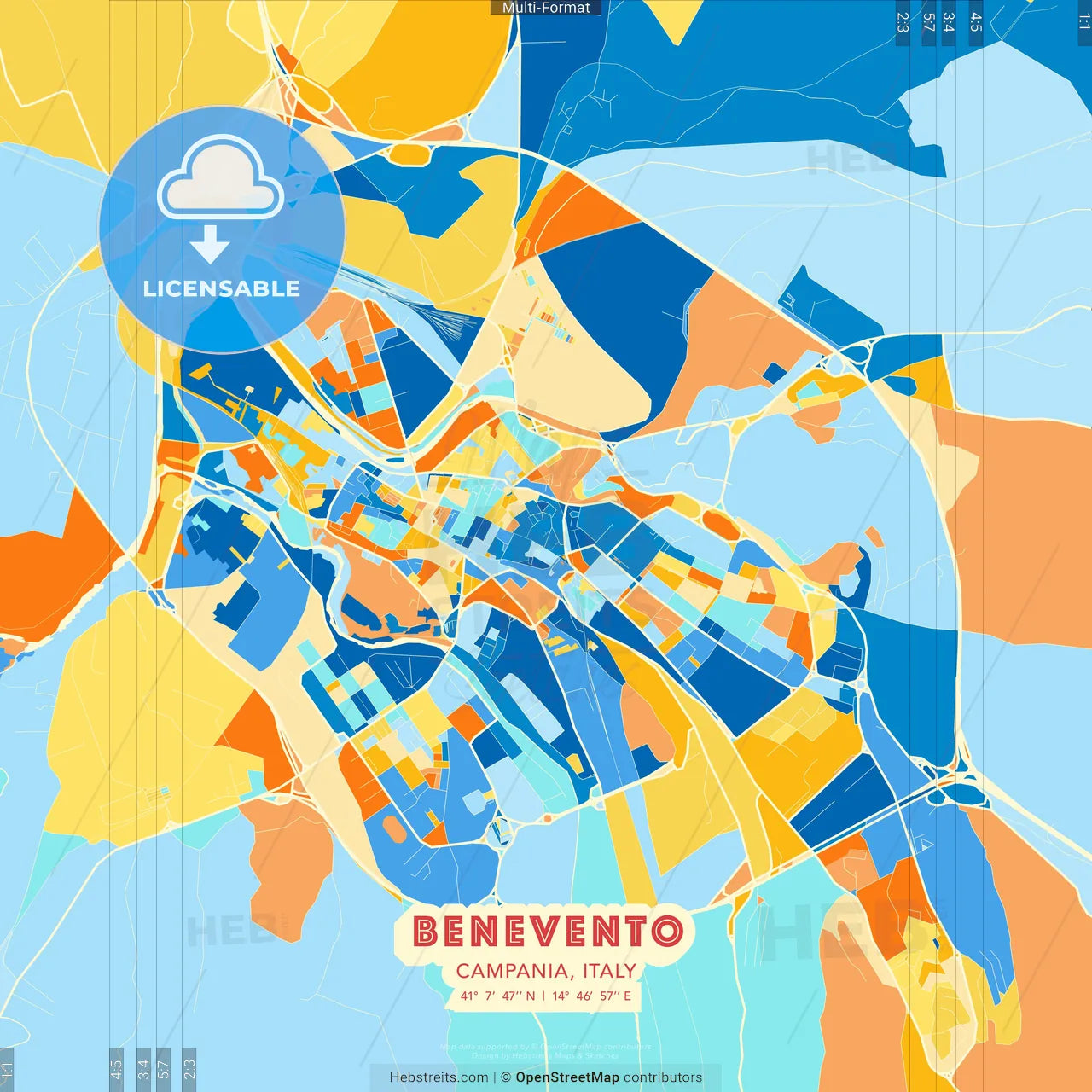 Benevento, Campania, Italy blue and orange vector art map template