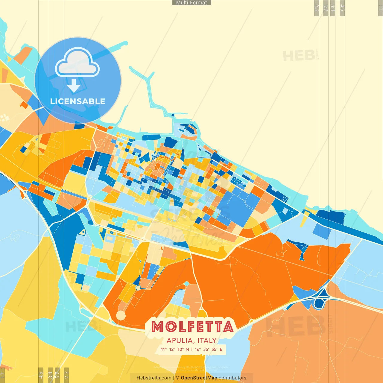 Molfetta, Apulia, Italy blue and orange vector art map template