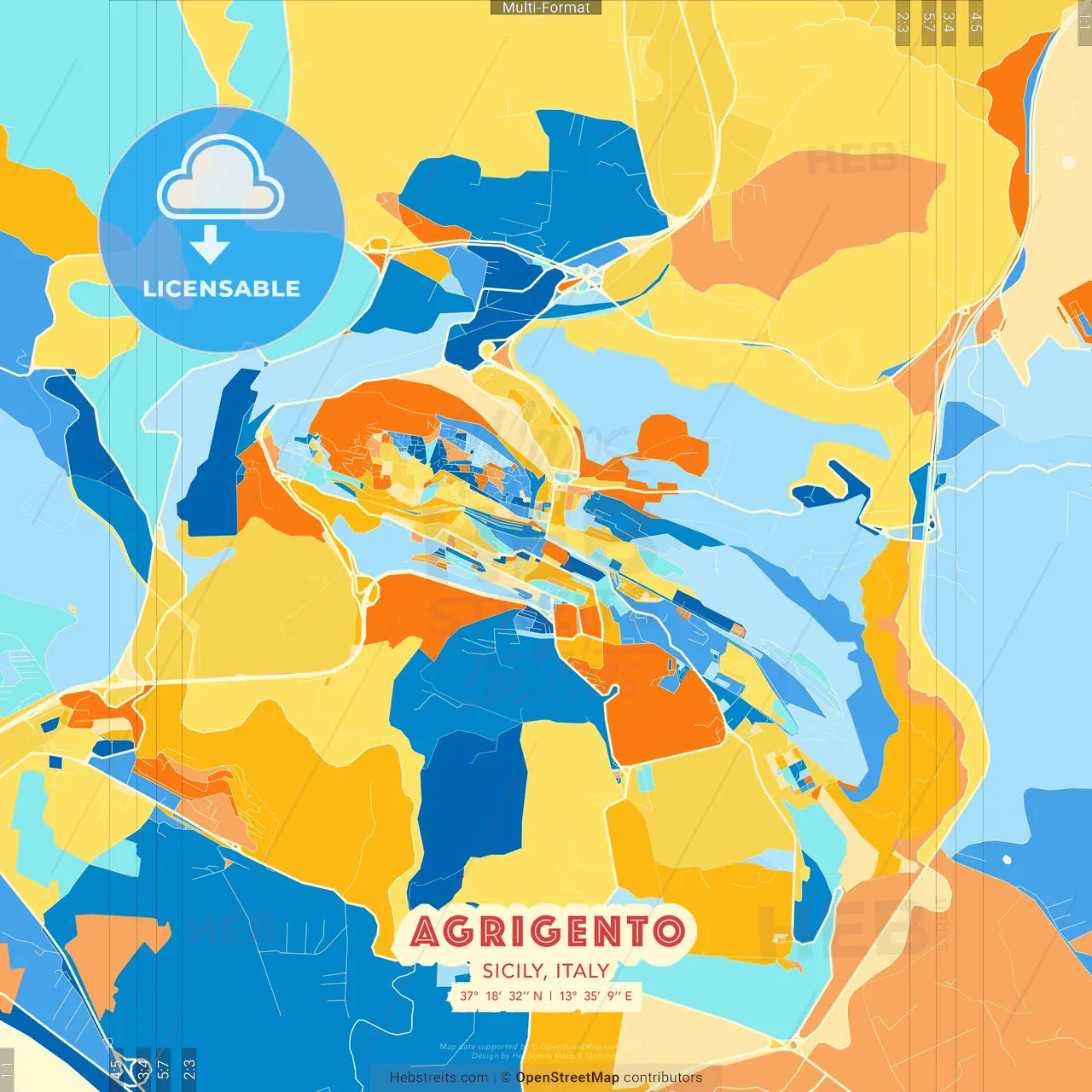 Agrigento, Sicily, Italy blue and orange vector art map template