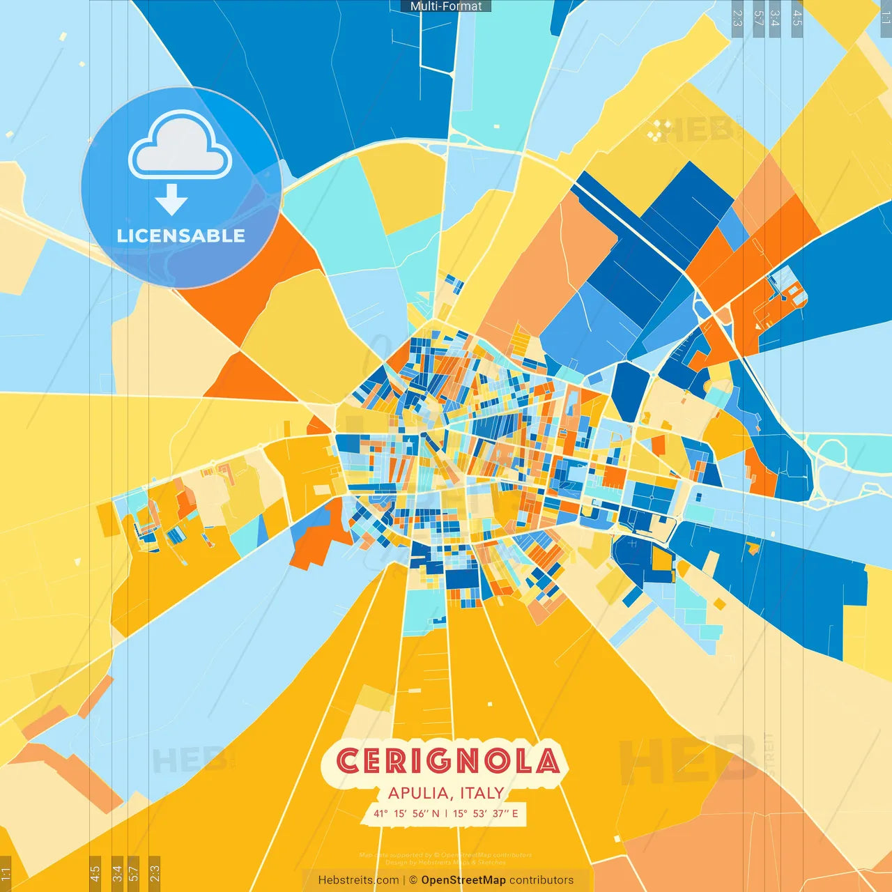 Cerignola, Apulia, Italy blue and orange vector art map template