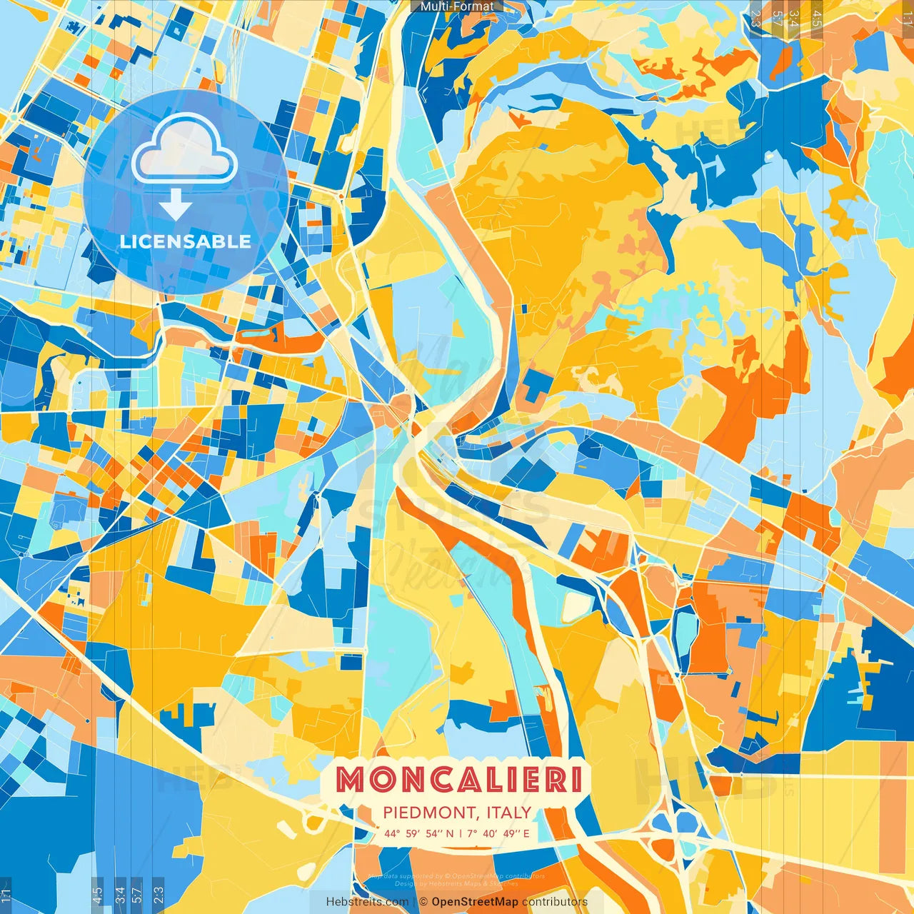 Moncalieri, Piedmont, Italy blue and orange vector art map template