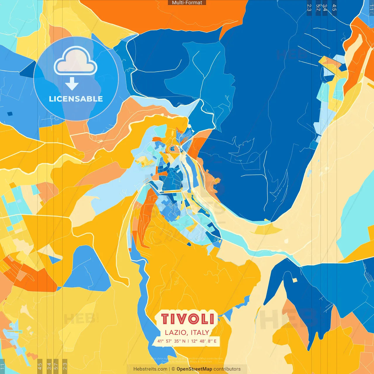Tivoli, Lazio, Italy blue and orange vector art map template