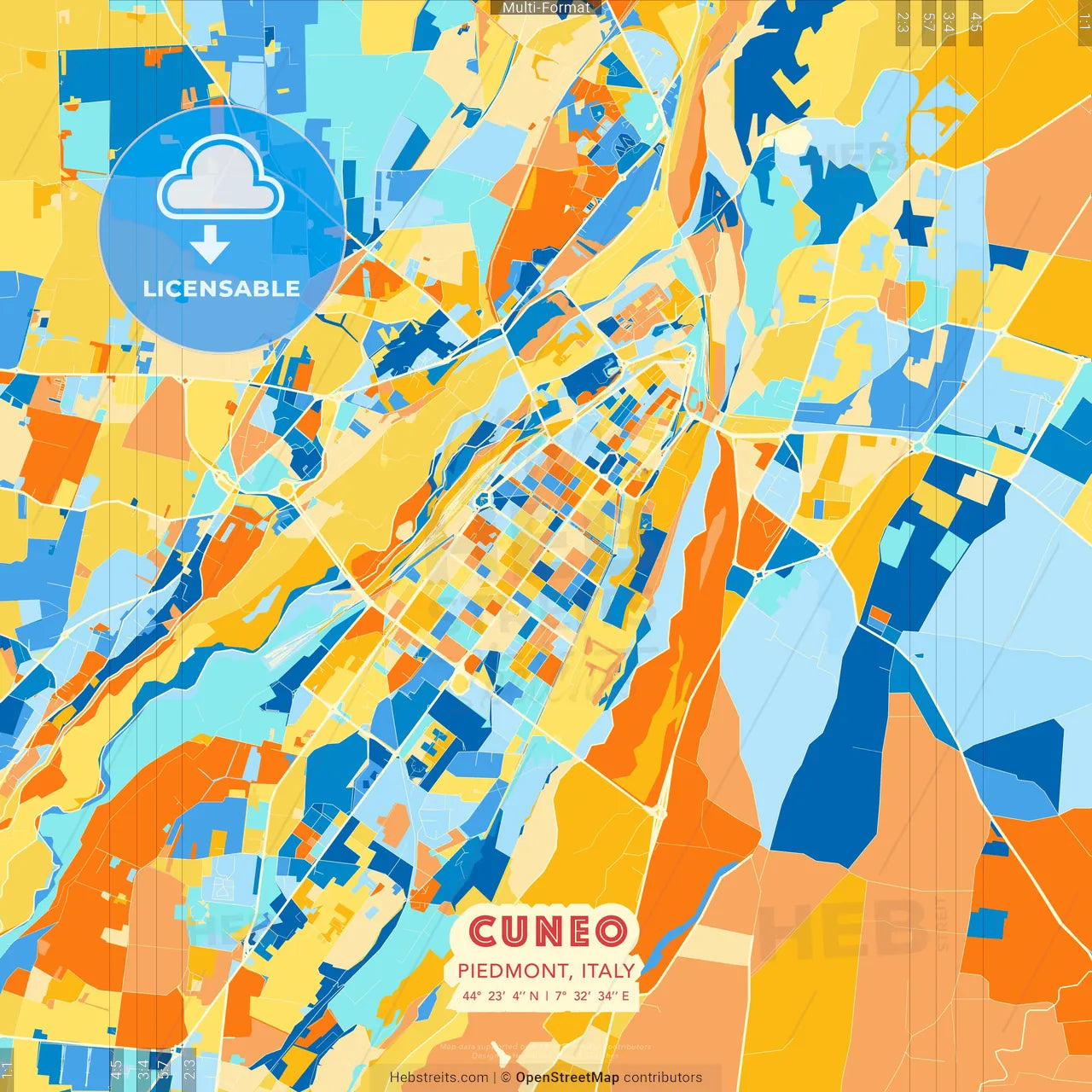Cuneo, Piedmont, Italy blue and orange vector art map template