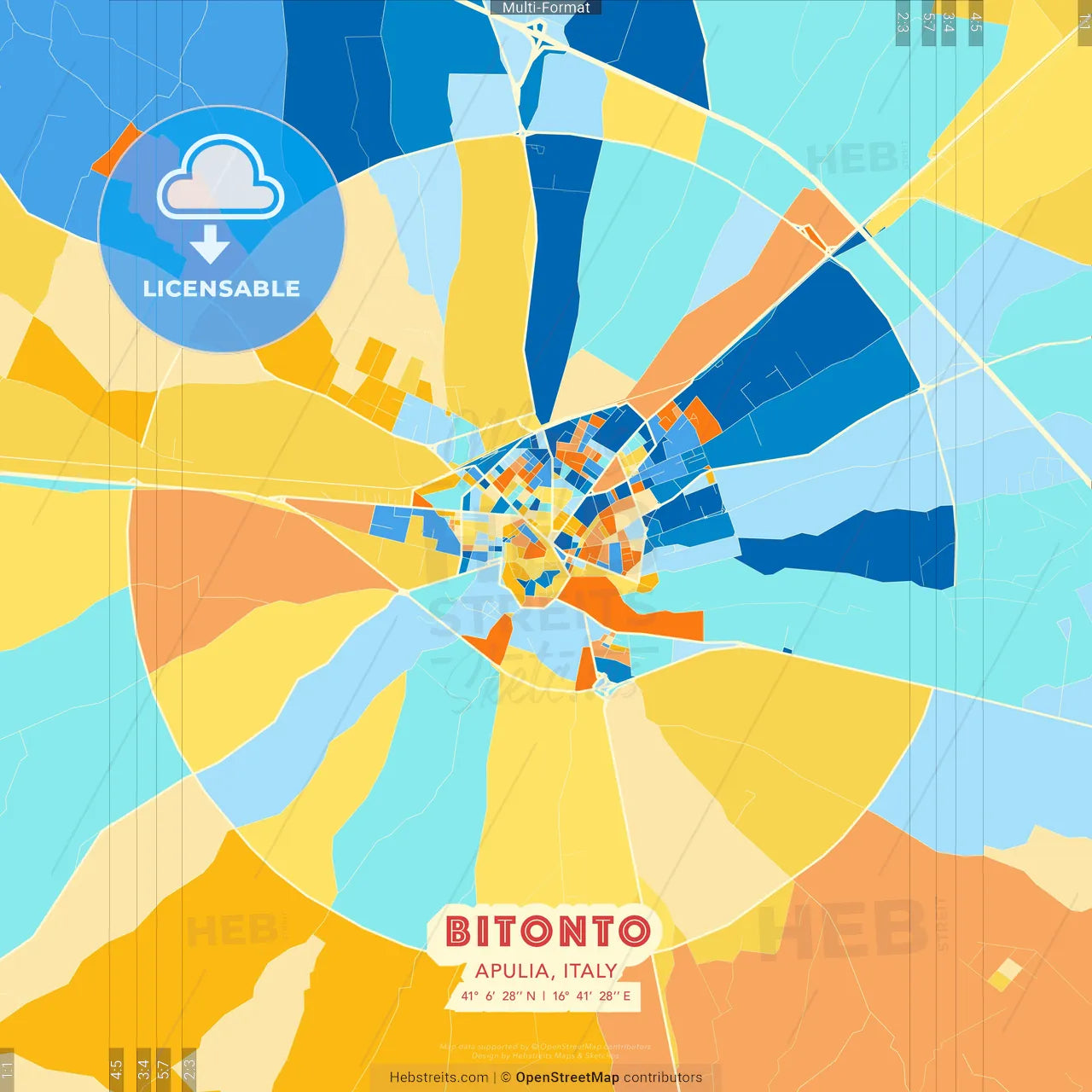 Bitonto, Apulia, Italy blue and orange vector art map template