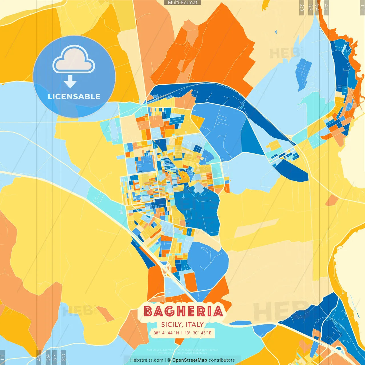 Bagheria, Sicily, Italy blue and orange vector art map template