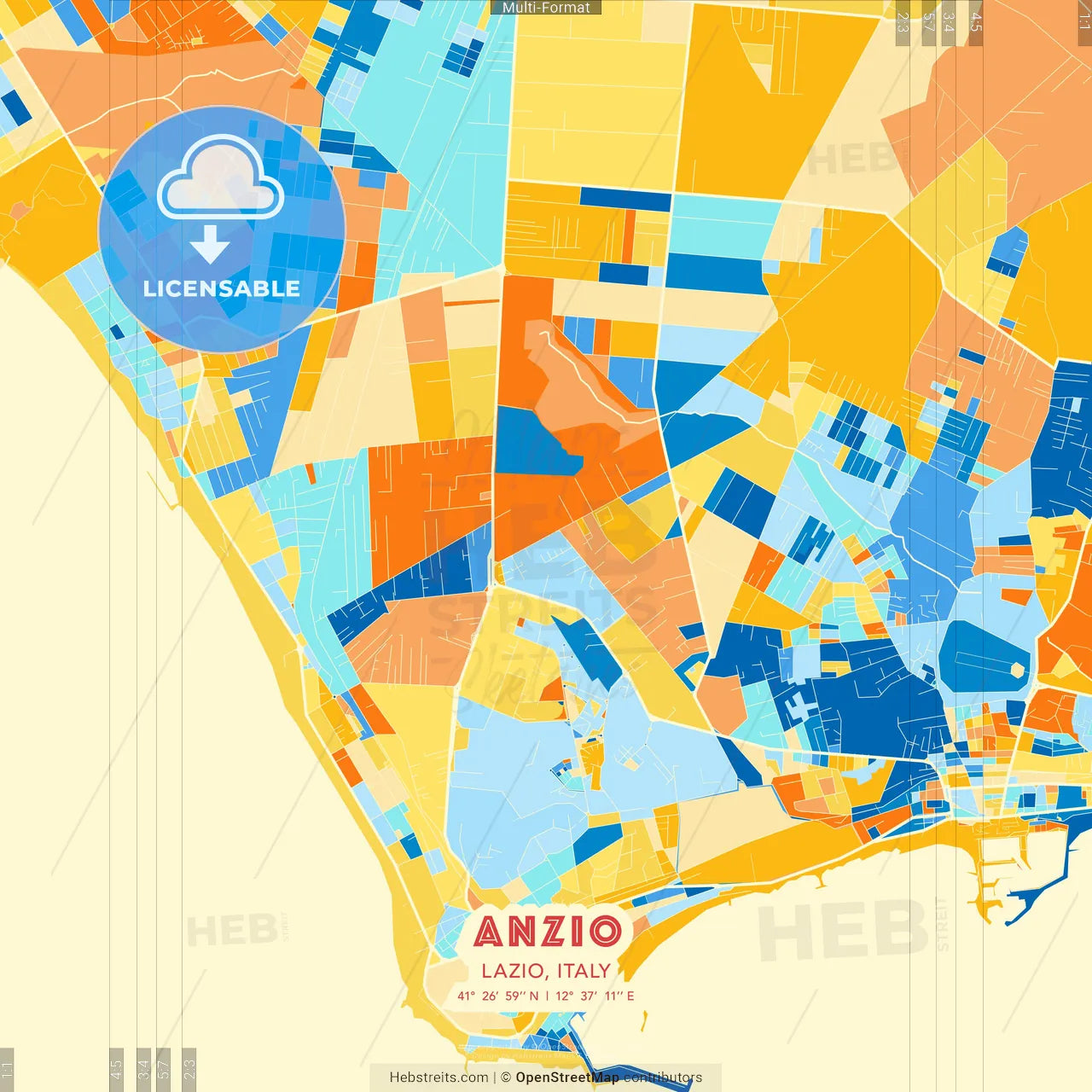 Anzio, Lazio, Italy blue and orange vector art map template