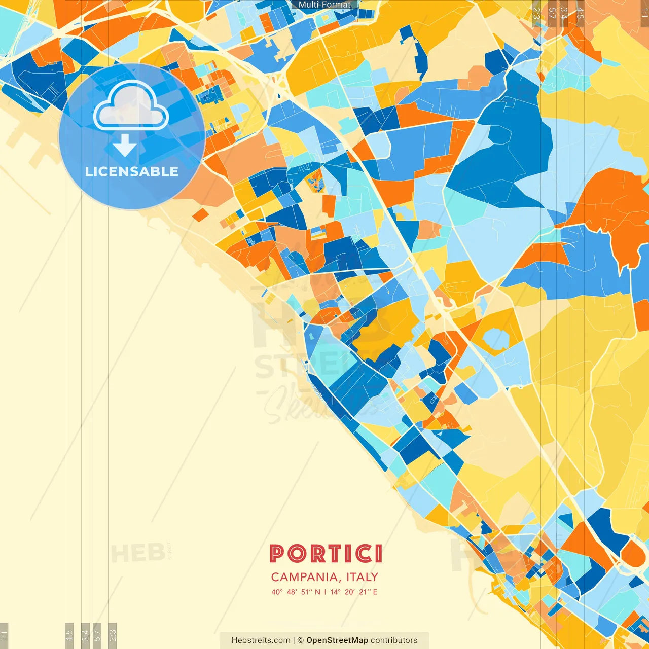Portici, Campania, Italy blue and orange vector art map template