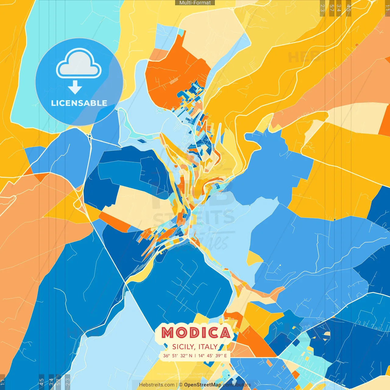 Modica, Sicily, Italy blue and orange vector art map template