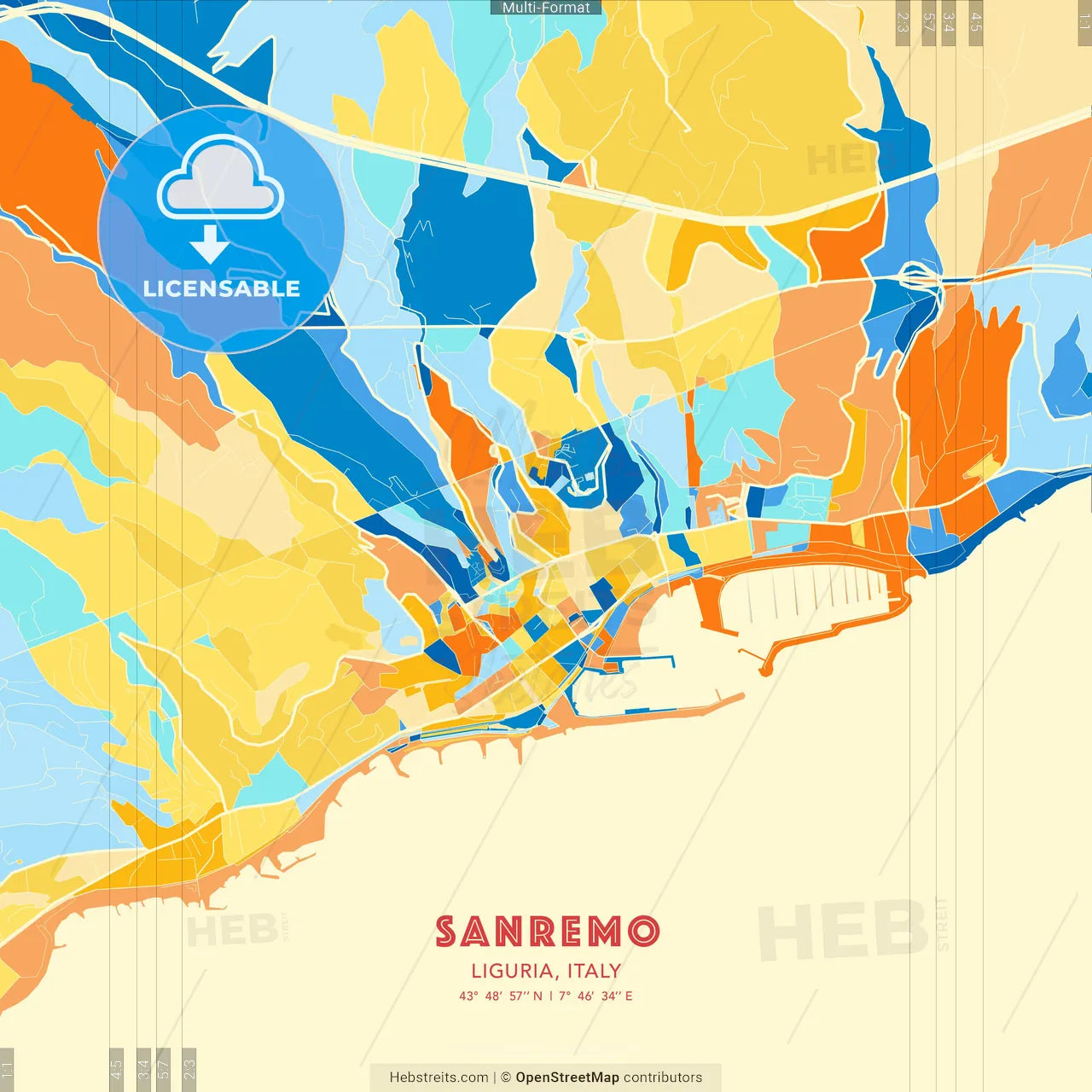 Sanremo, Liguria, Italy blue and orange vector art map template