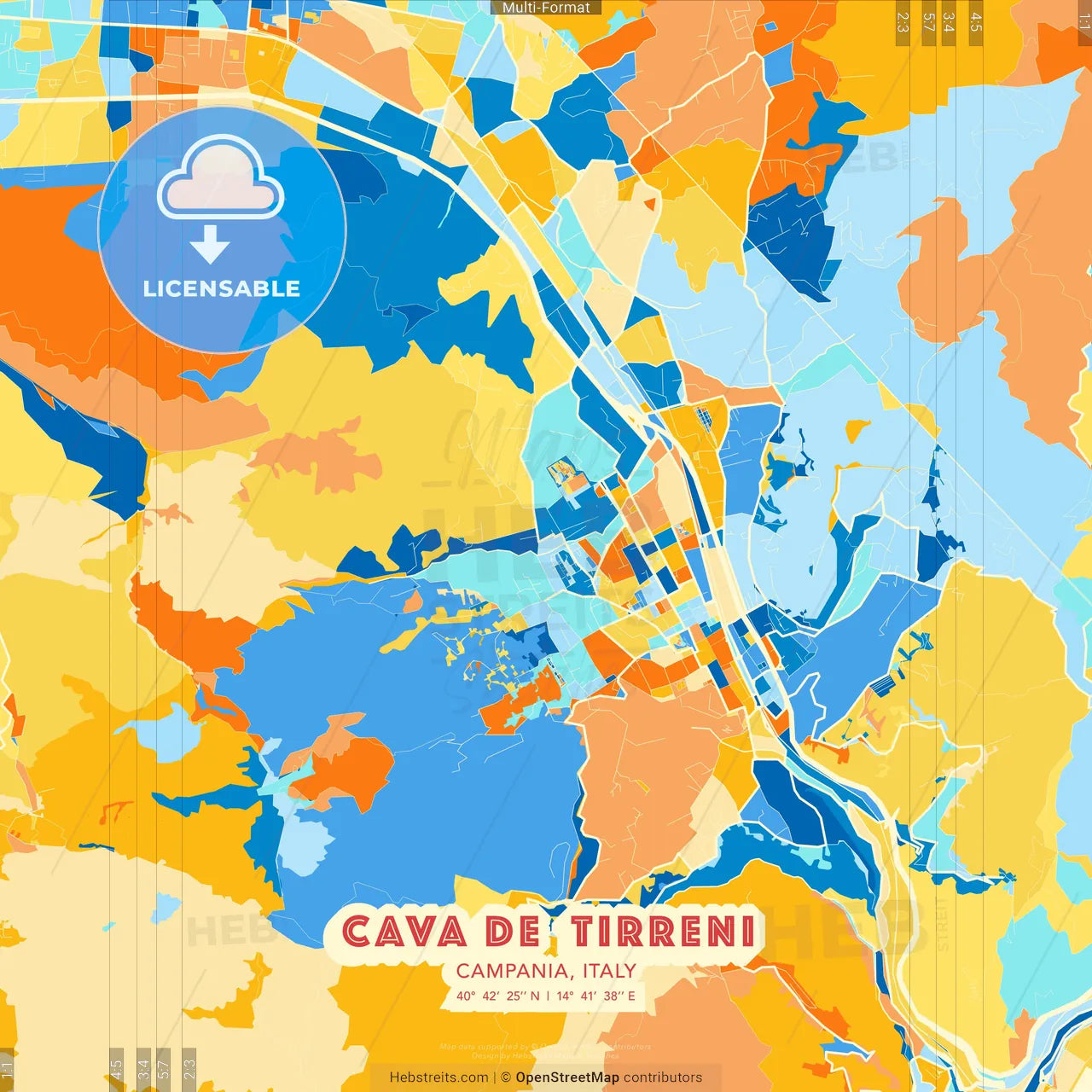 Cava de Tirreni, Campania, Italy blue and orange vector art map template