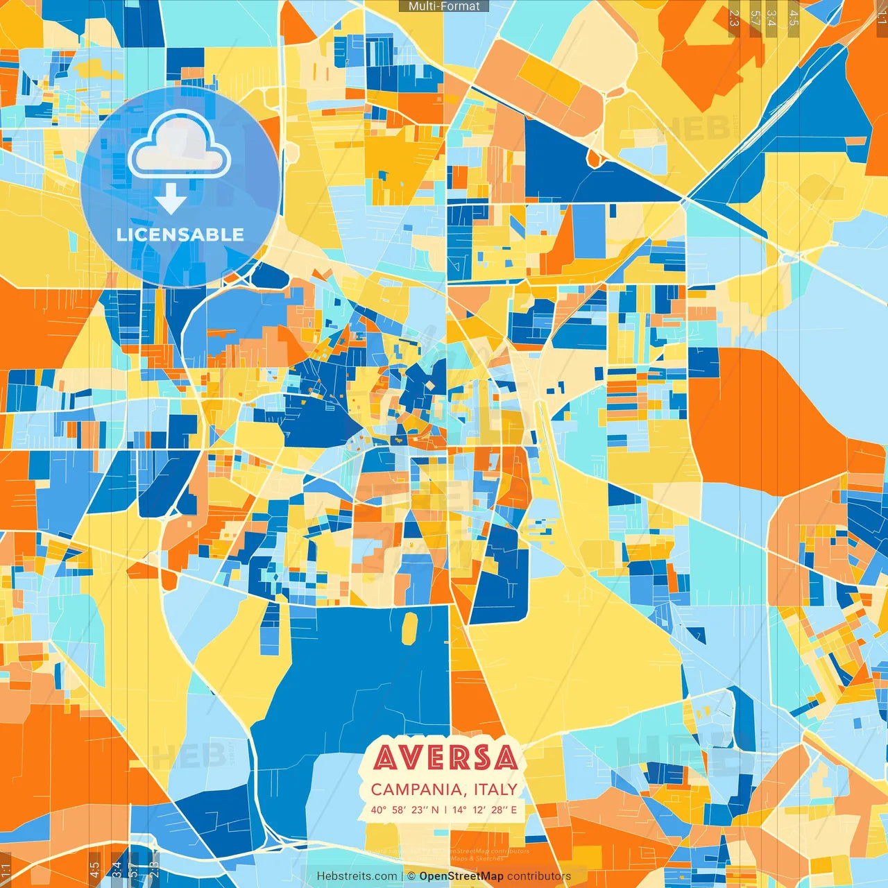 Aversa, Campania, Italy blue and orange vector art map template