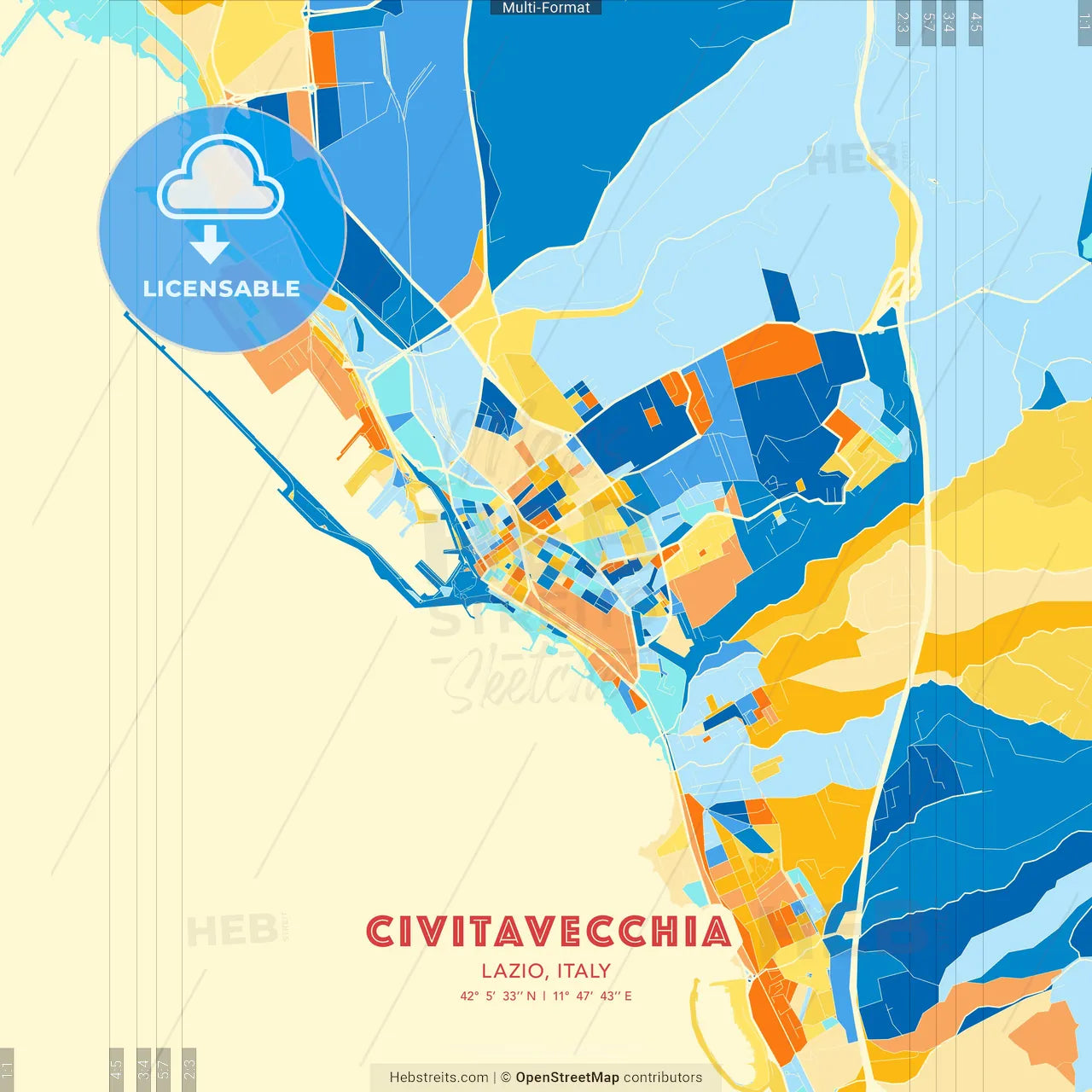 Civitavecchia, Lazio, Italy blue and orange vector art map template