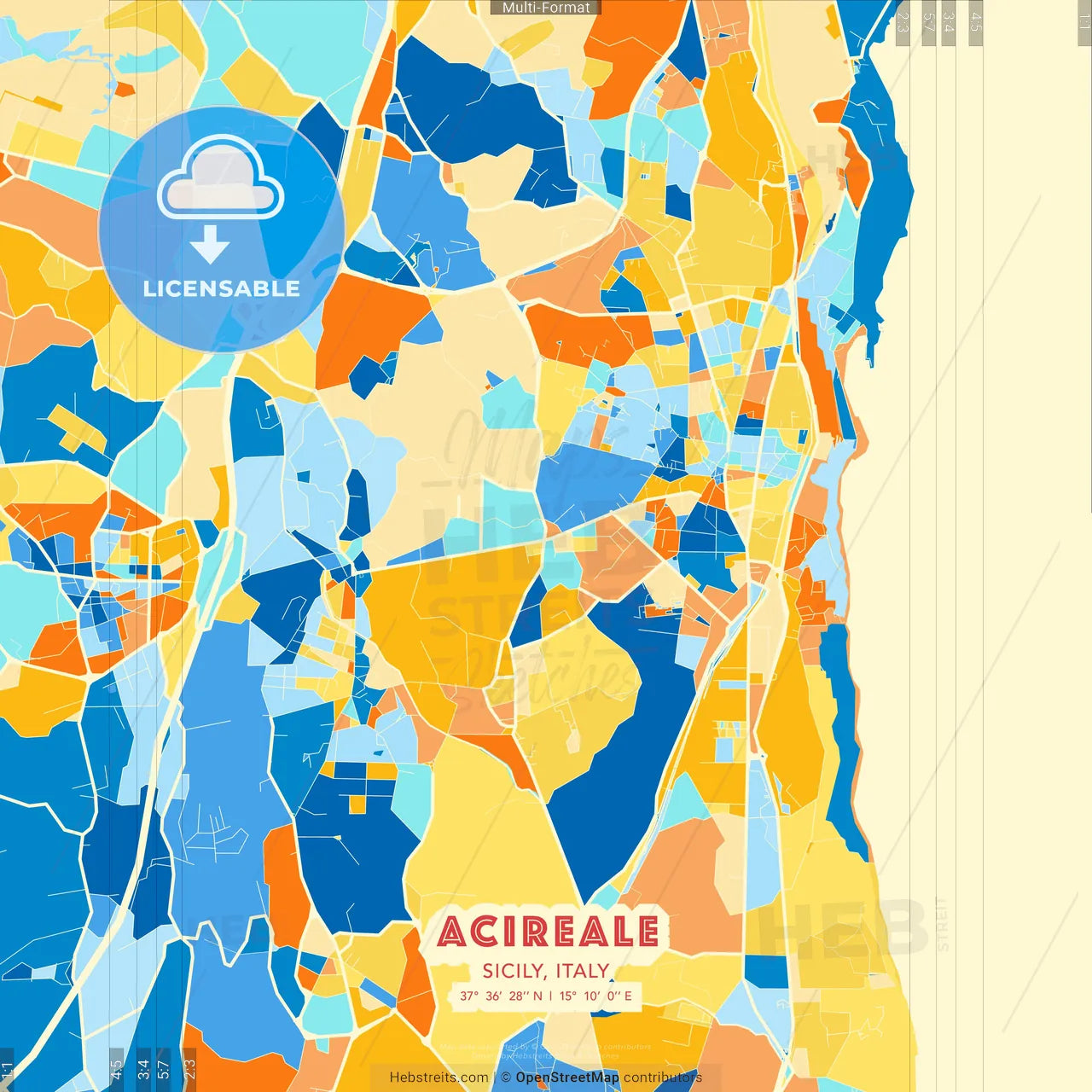 Acireale, Sicily, Italy blue and orange vector art map template