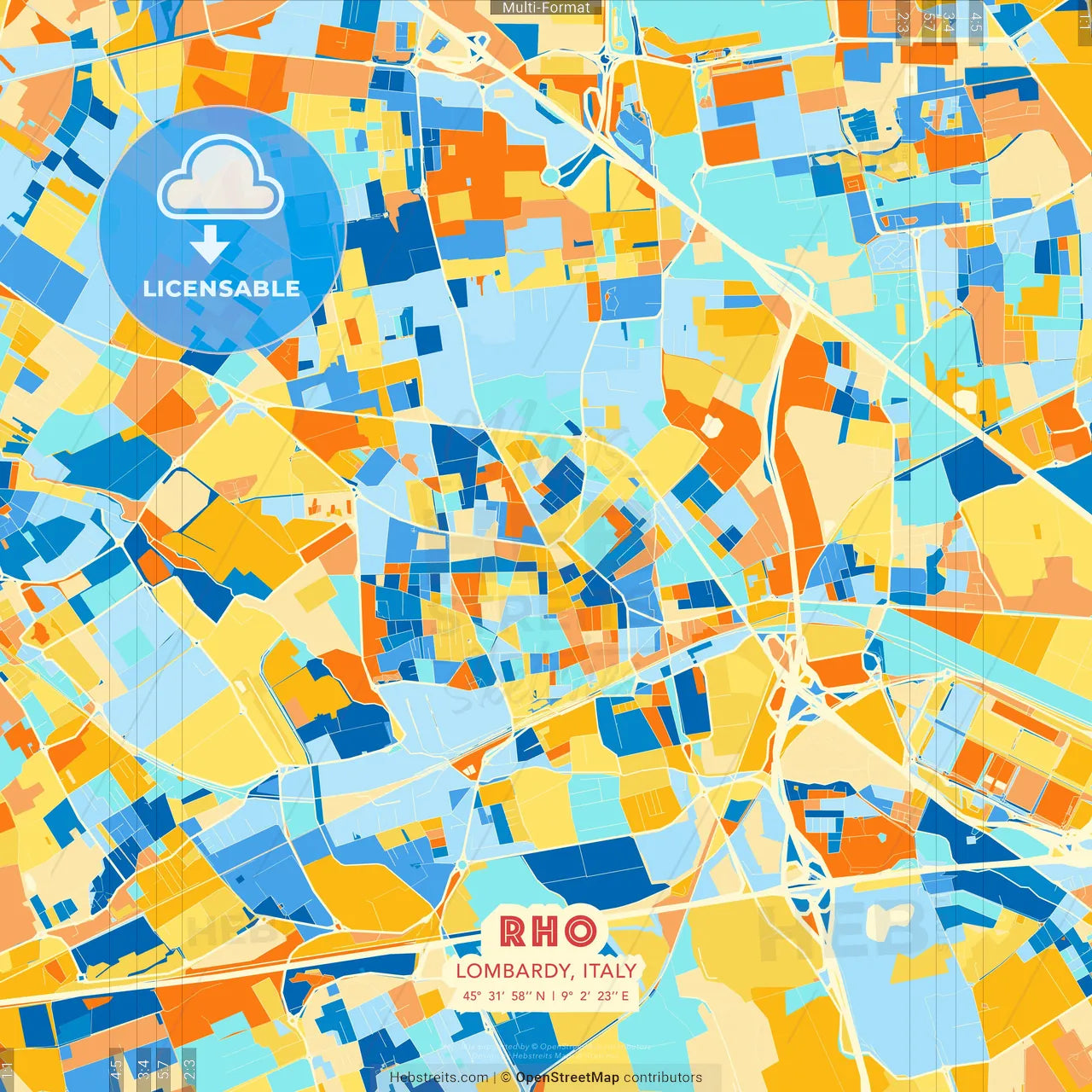 Rho, Lombardy, Italy blue and orange vector art map template