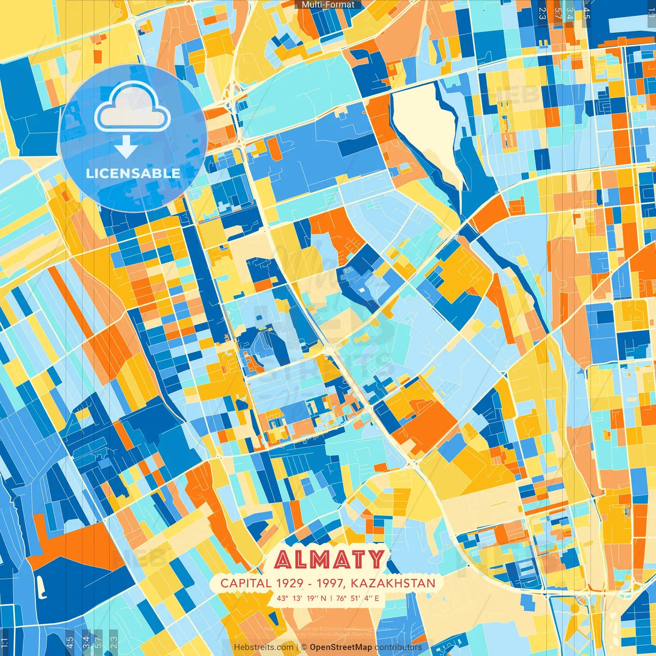 Almaty, Capital 1929 - 1997, Kazakhstan blue and orange vector art map template