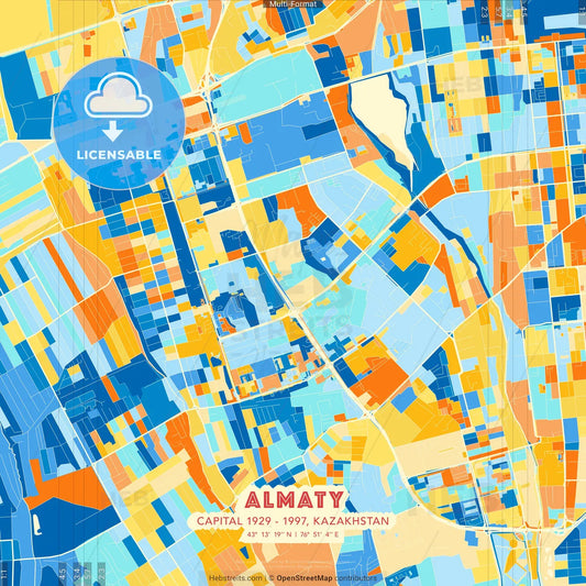 Almaty, Capital 1929 - 1997, Kazakhstan blue and orange vector art map template