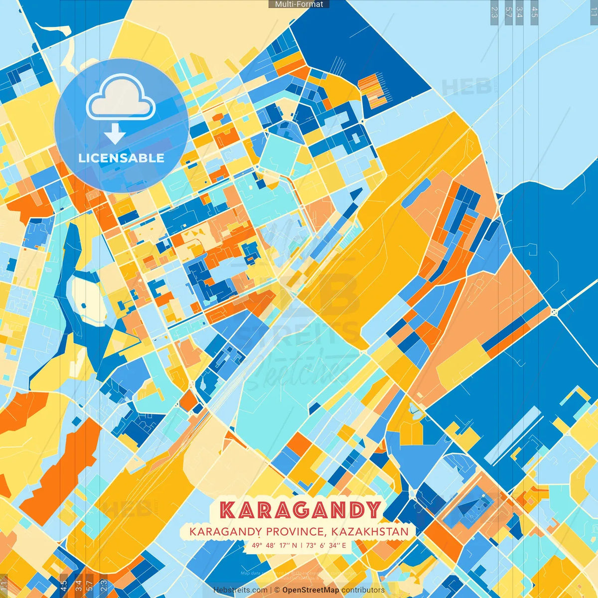 Karagandy, Karagandy Province, Kazakhstan blue and orange vector art map template