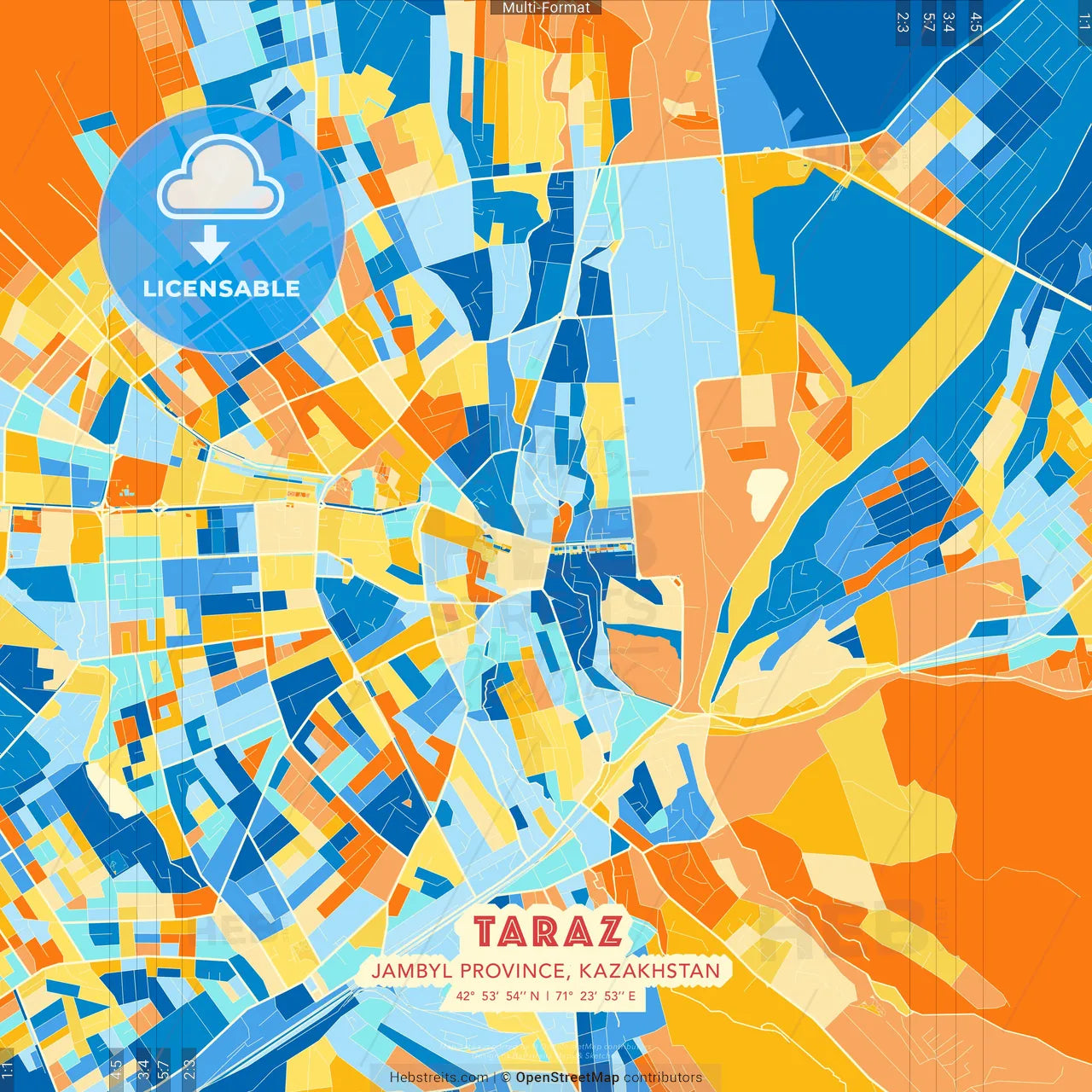 Taraz, Jambyl Province, Kazakhstan blue and orange vector art map template