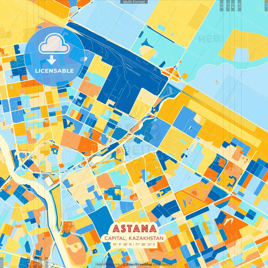 Astana, Capital, Kazakhstan blue and orange vector art map template