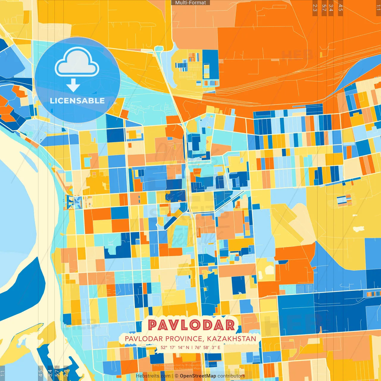 Pavlodar, Pavlodar Province, Kazakhstan blue and orange vector art map template