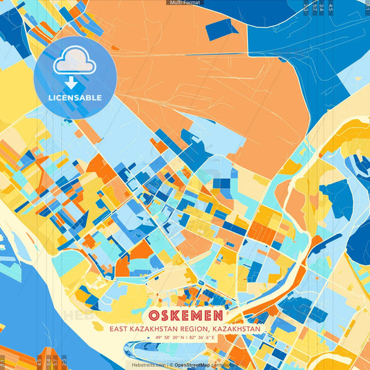 Oskemen, East Kazakhstan Region, Kazakhstan blue and orange vector art map template