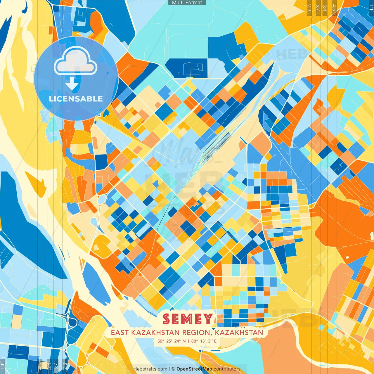 Semey, East Kazakhstan Region, Kazakhstan blue and orange vector art map template